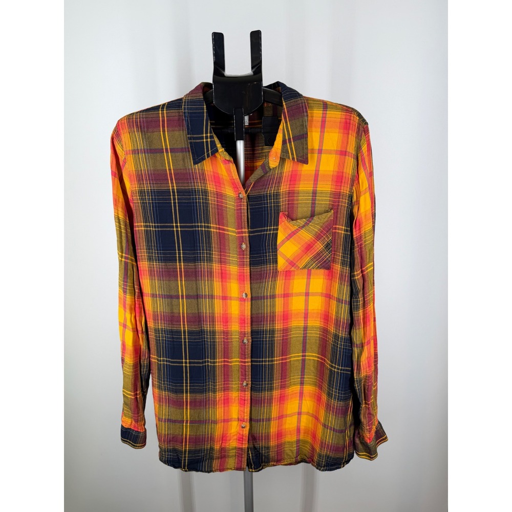 EST 1946 Women XL Plaid Button Down Shirt Orange Yellow Navy Long Sleeve Top